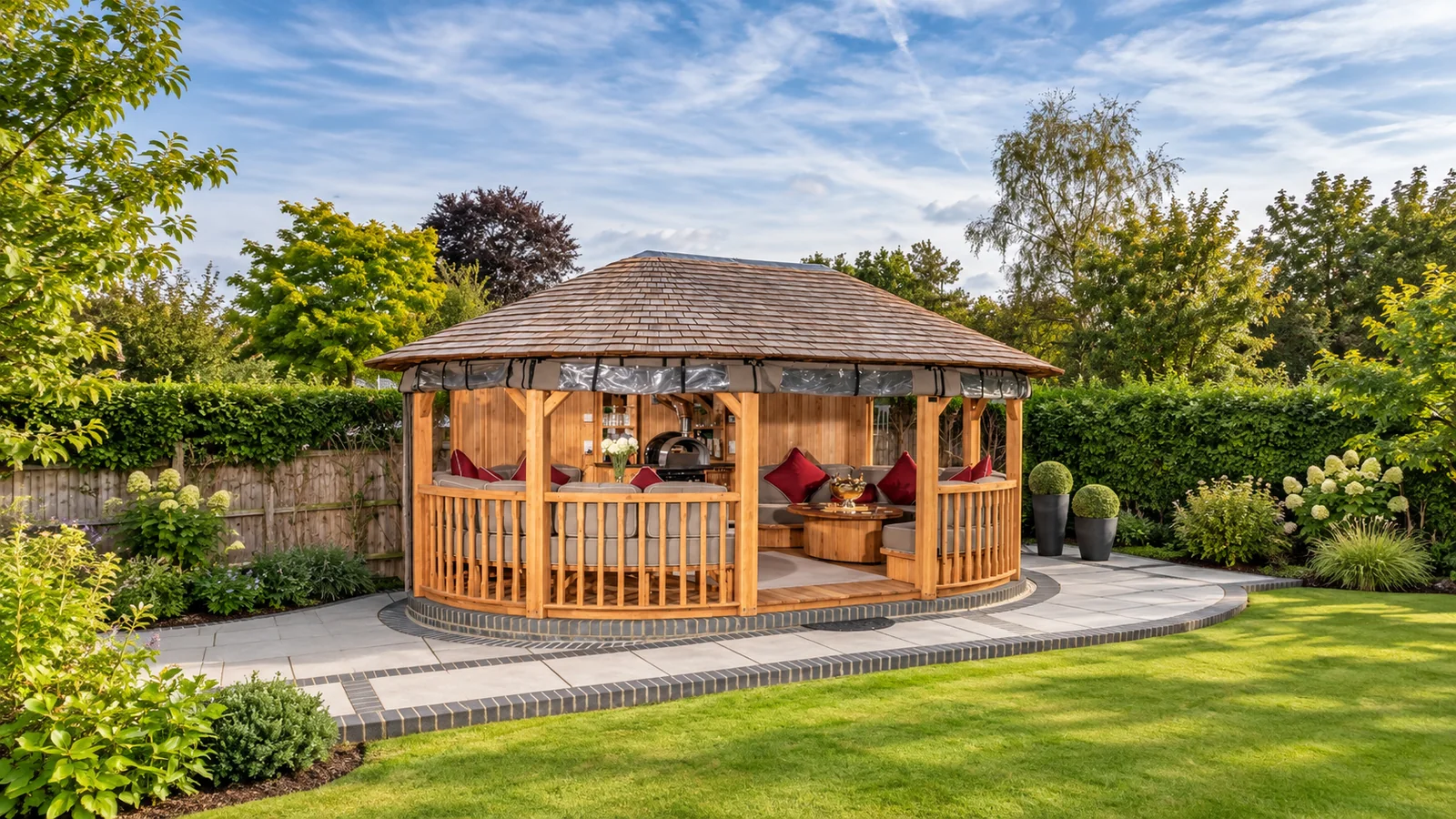 A Crown Hampton wooden gazebo in a landscaped garden