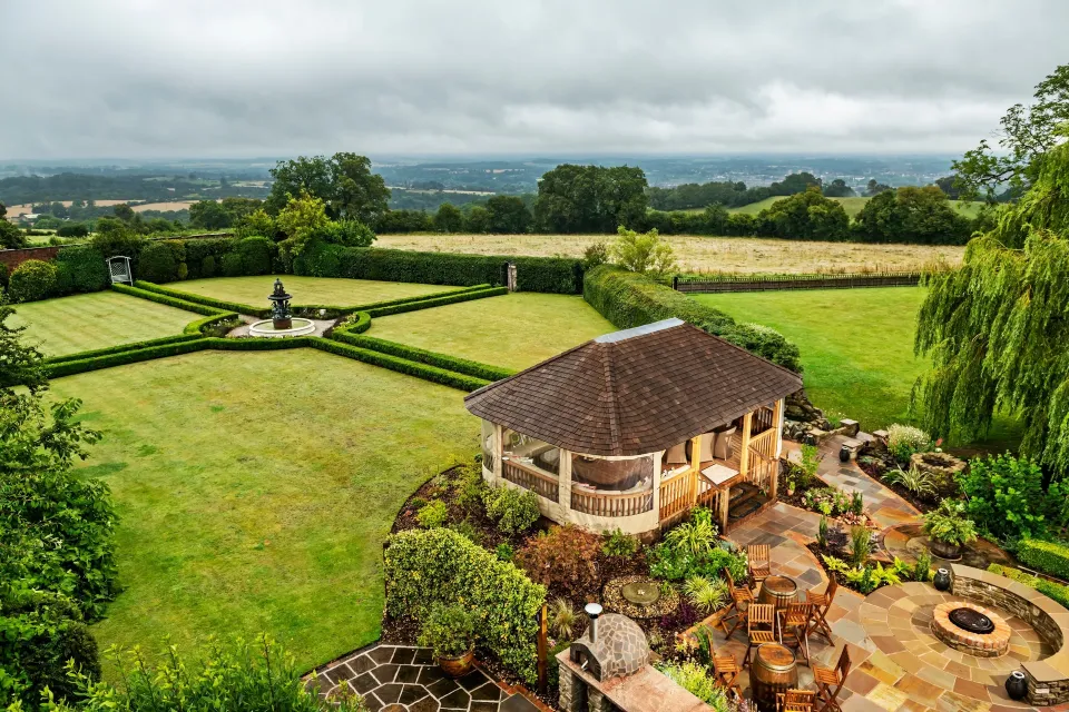 Crown Pavilions gazebo in an English country garden — aerial view